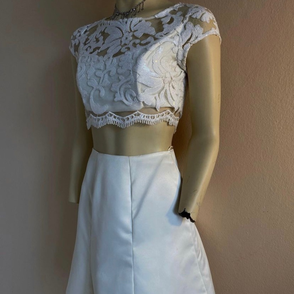 two piece, white, knee length skirt and crop top